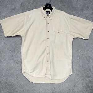 Gap Shirt Mens Sz M Beige Linen Blend Short Sleeve Made In Hong Kong Button Down